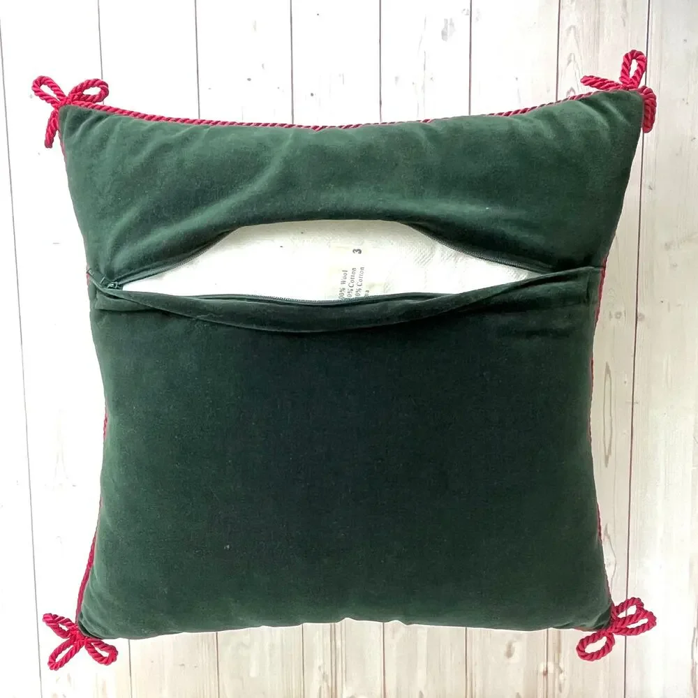 Rustic Pine and Plaid Needlepoint Pillow Braided Trim with Bows Velvety Back